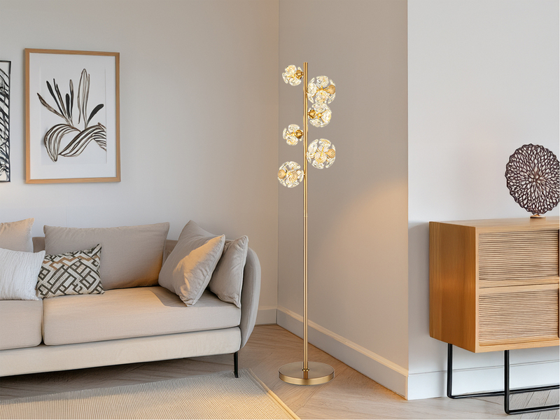 LED Stehleuchte VIRINA Gold mit fünf Kugeln aus K9 Kristallen, Höhe 155cm