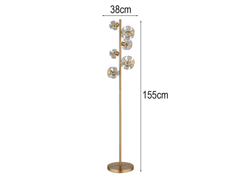 LED Stehleuchte VIRINA Gold mit fünf Kugeln aus K9 Kristallen, Höhe 155cm