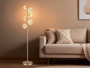 LED Stehleuchte VIRINA Gold mit fünf Kugeln aus K9 Kristallen, Höhe 155cm