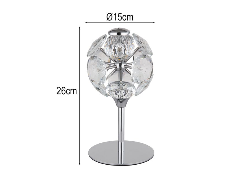 LED Tischleuchte VIRINA Silber Chrom mit Kugel aus K9 Kristallen, Höhe 26cm