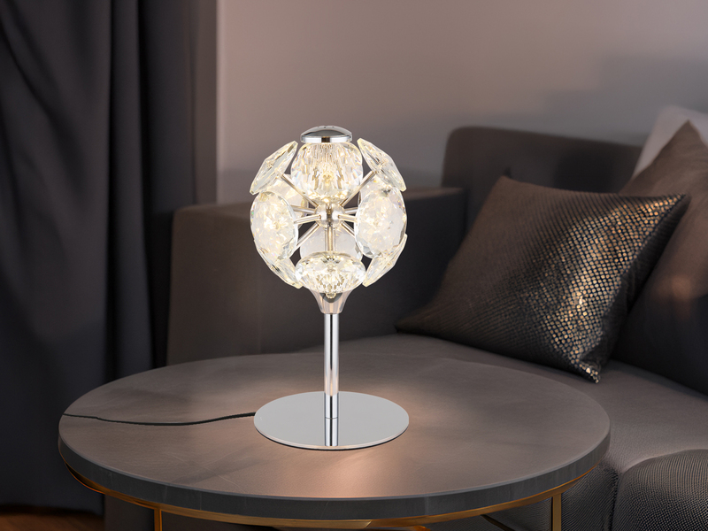 LED Tischleuchte VIRINA Silber Chrom mit Kugel aus K9 Kristallen, Höhe 26cm
