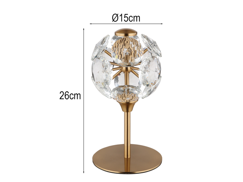 LED Tischleuchte VIRINA Gold mit Kugel Lampenschirm aus K9 Kristallen, Höhe 26cm
