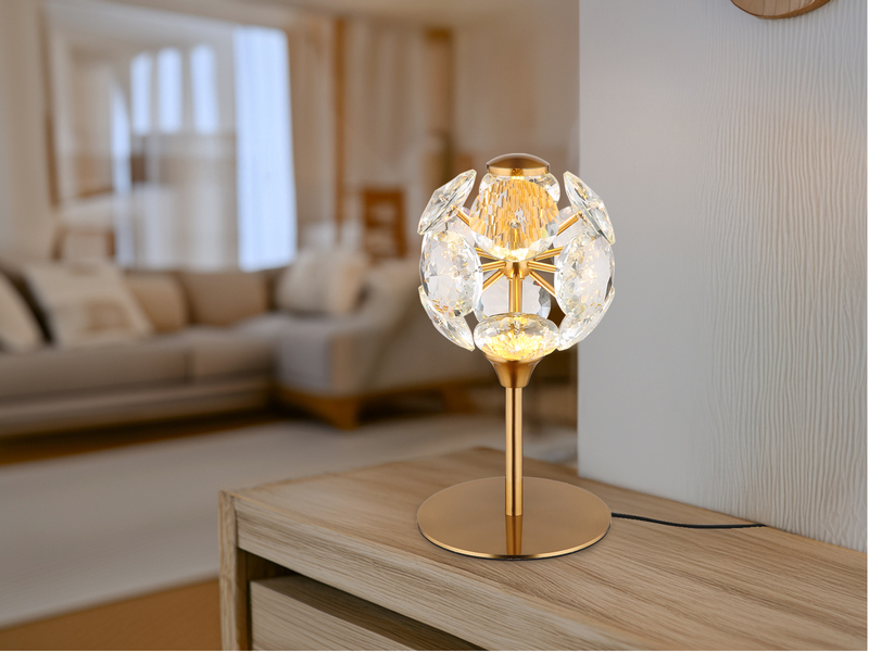 LED Tischleuchte VIRINA Gold mit Kugel Lampenschirm aus K9 Kristallen, Höhe 26cm