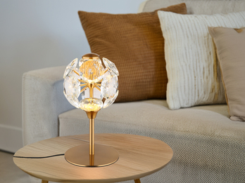 LED Tischleuchte VIRINA Gold mit Kugel Lampenschirm aus K9 Kristallen, Höhe 26cm