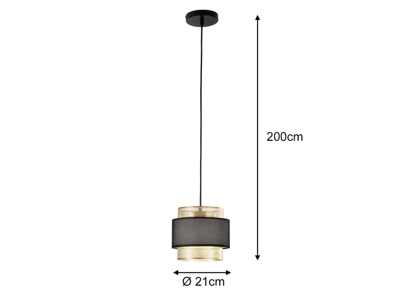 LED Hängelampe einflammig, Metall Gold mit Stoffblende Schwarz, Ø 21cm