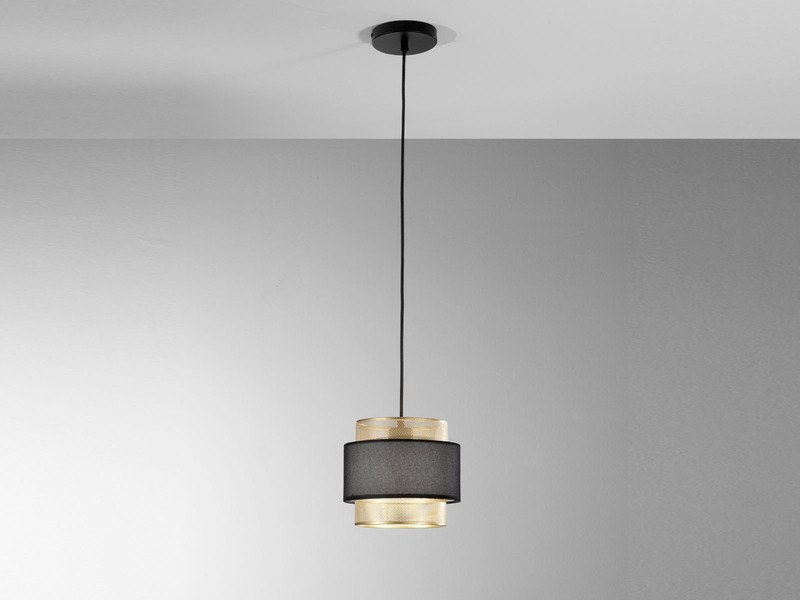 LED Hängelampe einflammig, Metall Gold mit Stoffblende Schwarz, Ø 21cm