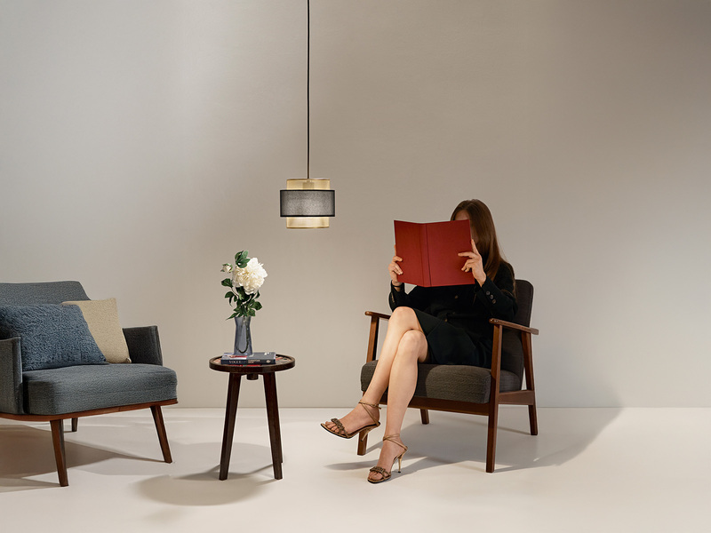 LED Hängelampe einflammig, Metall Gold mit Stoffblende Schwarz, Ø 21cm