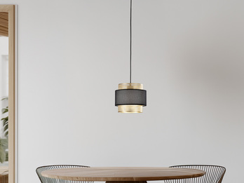 LED Hängelampe einflammig, Metall Gold mit Stoffblende Schwarz, Ø 21cm