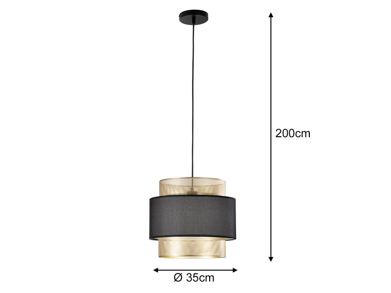 LED Hängelampe einflammig, Metall Gold mit Stoffblende Schwarz, Ø 35cm