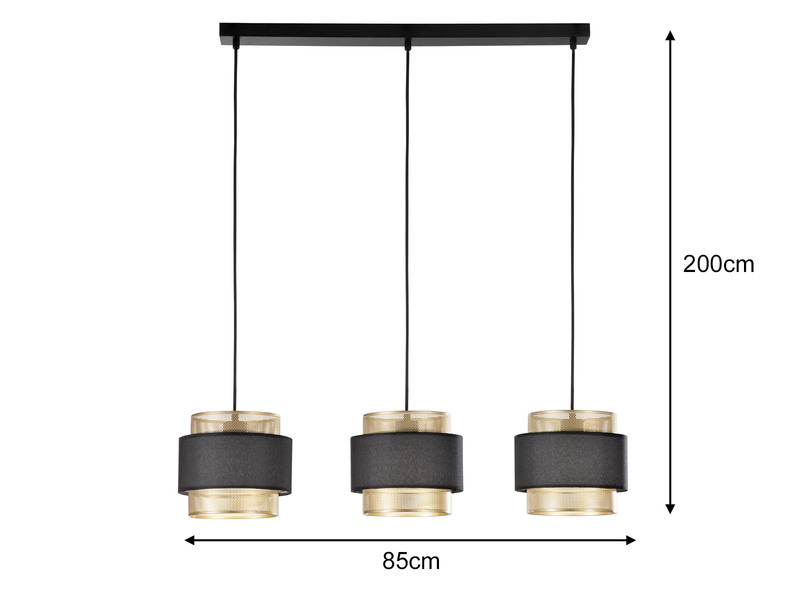 LED Hängelampe 3-flammig, Metall Gold mit Stoffblende Schwarz, Breite 85cm