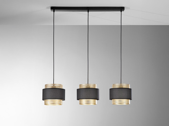 LED Hängelampe 3-flammig, Metall Gold mit Stoffblende Schwarz, Breite 85cm