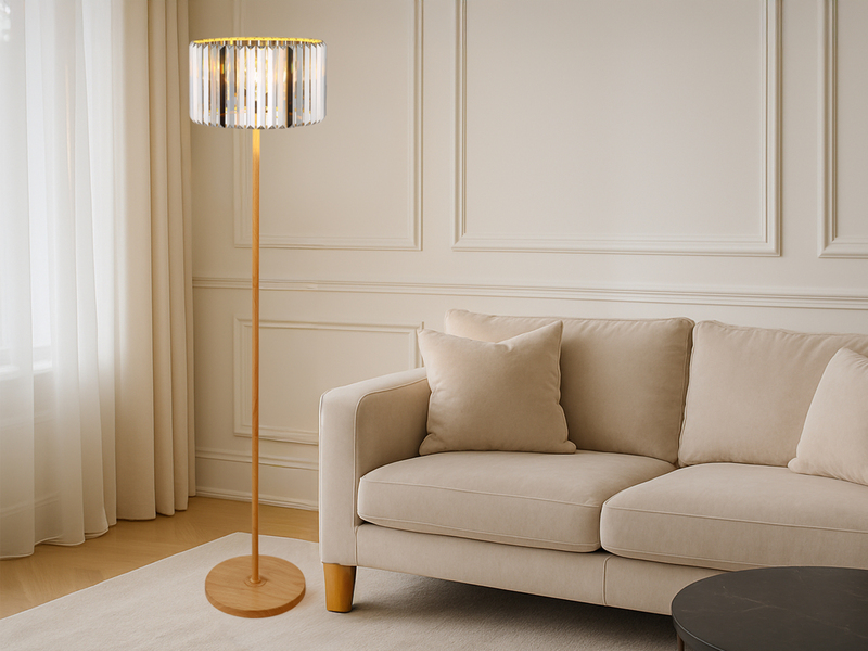 Moderne LED Stehlampe mit Lampenschirm aus Rauchglas Kristall, Höhe 150cm