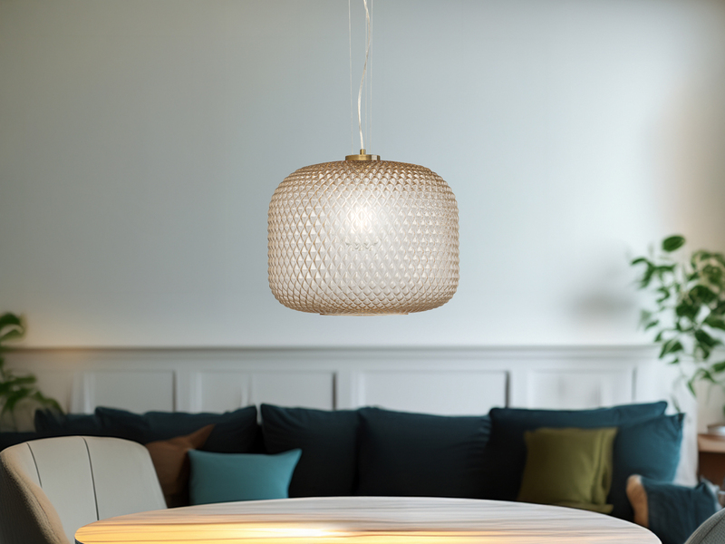 LED Pendelleuchte einflammig Kristall Glasschirm Bernsteinfarben, Ø 40cm