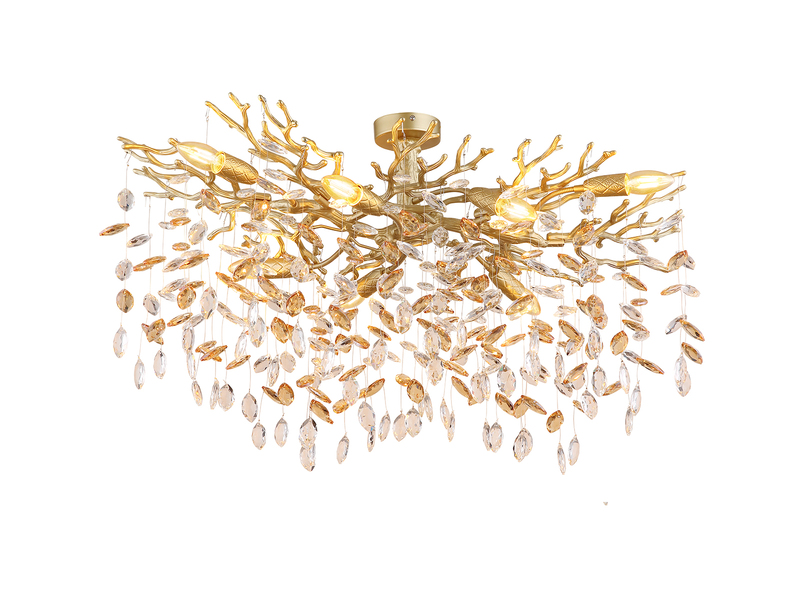 Große LED Deckenleuchte Gold 7-flammig Glas Kristall 2-farbig, Breite 85cm