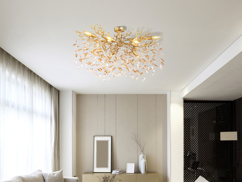 Große LED Deckenleuchte Gold 7-flammig Glas Kristall 2-farbig, Breite 85cm