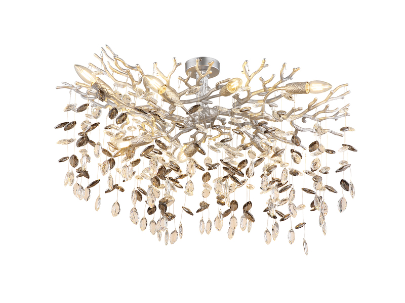 Große LED Deckenleuchte Silber 7-flammig Glas Kristall 2-farbig, Breite 85cm