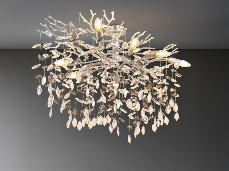 Große LED Deckenleuchte Silber 7-flammig Glas Kristall 2-farbig, Breite 85cm