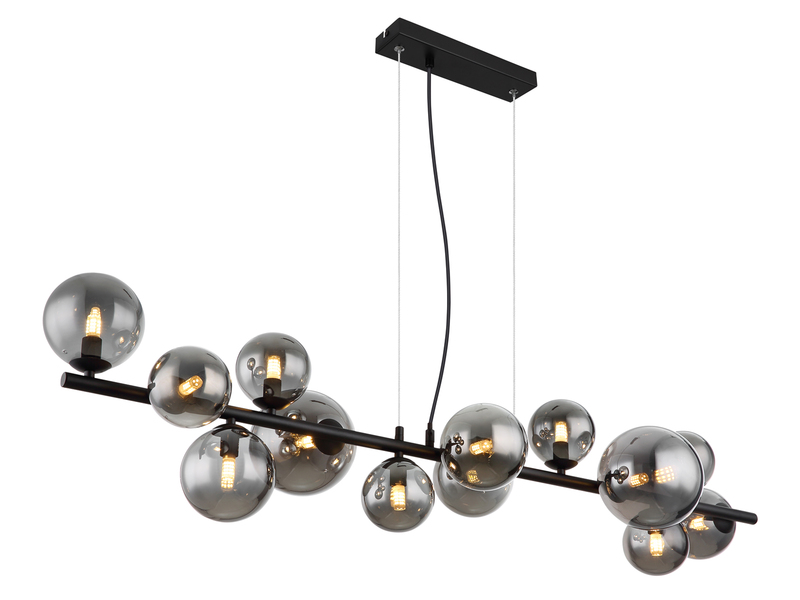 Pendelleuchte RIHA Schwarz 13-flammig mit Glaskugeln Rauchglas, Breite 120cm