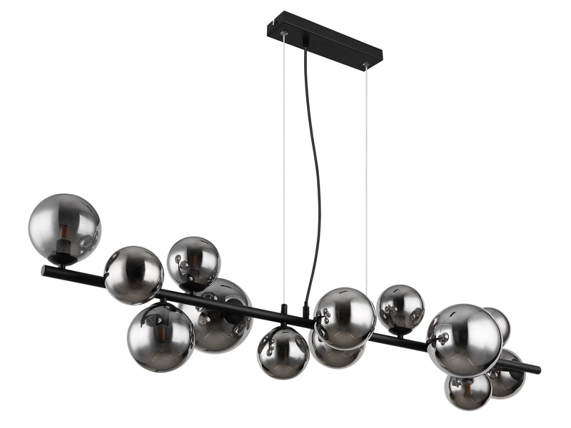 Pendelleuchte RIHA Schwarz 13-flammig mit Glaskugeln Rauchglas, Breite 120cm