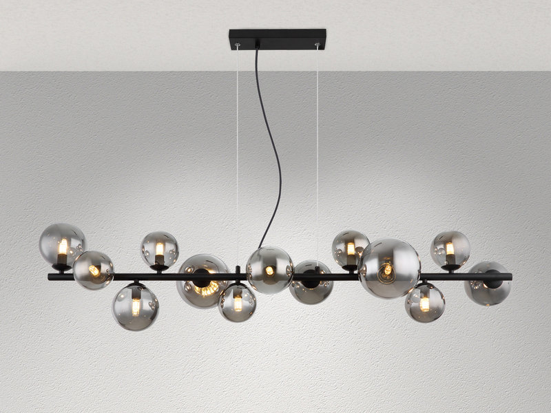 Pendelleuchte RIHA Schwarz 13-flammig mit Glaskugeln Rauchglas, Breite 120cm