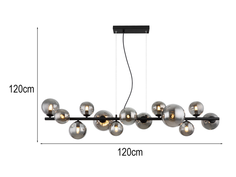 Pendelleuchte RIHA Schwarz 13-flammig mit Glaskugeln Rauchglas, Breite 120cm