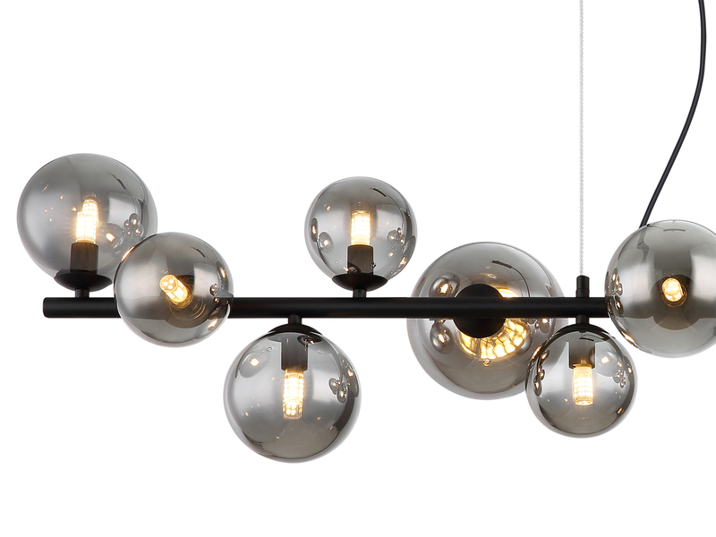 Pendelleuchte RIHA Schwarz 13-flammig mit Glaskugeln Rauchglas, Breite 120cm