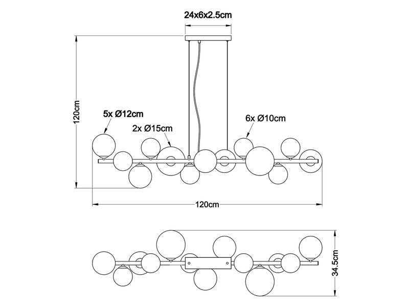 Pendelleuchte RIHA Schwarz 13-flammig mit Glaskugeln Rauchglas, Breite 120cm
