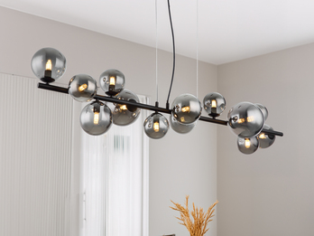 Pendelleuchte RIHA Schwarz 13-flammig mit Glaskugeln Rauchglas, Breite 120cm