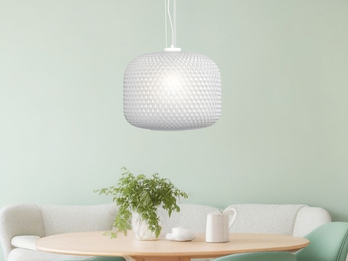 LED Pendelleuchte einflammig Kristall Glasschirm in Weiß, Ø 40cm LED Pendelleuchte einflammig Kristall Glasschirm in Weiß, Ø 40cm