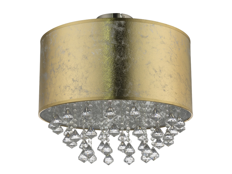 LED Deckenleuchte mit Stoff Lampenschirm Gold & Kristall Behang, Ø 40cm