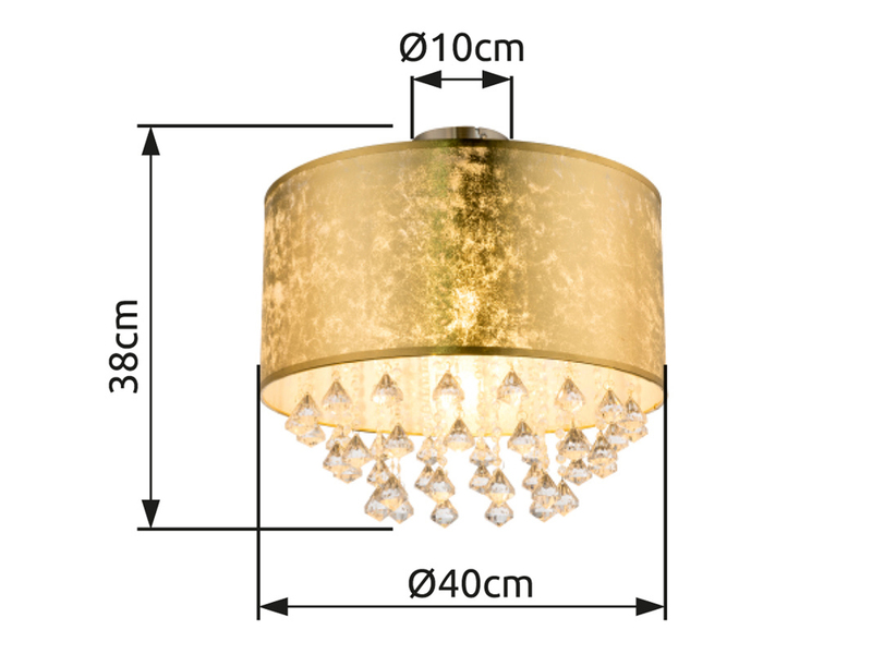 LED Deckenleuchte mit Stoff Lampenschirm Gold & Kristall Behang, Ø 40cm