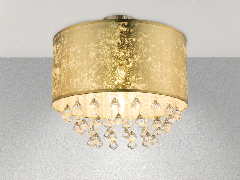 LED Deckenleuchte mit Stoff Lampenschirm Gold & Kristall Behang, Ø 40cm