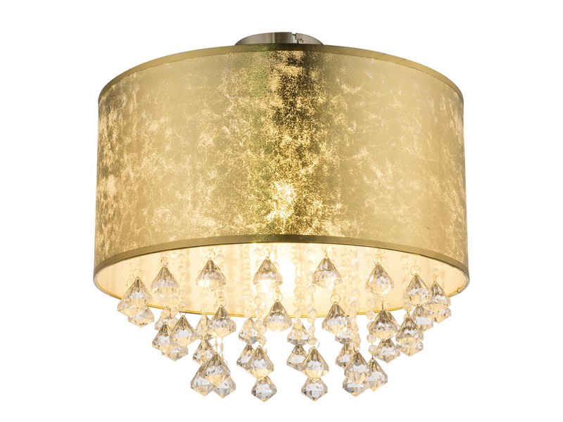 LED Deckenleuchte mit Stoff Lampenschirm Gold & Kristall Behang, Ø 40cm
