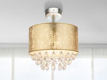 LED Deckenleuchte mit Stoff Lampenschirm Gold & Kristall Behang, Ø 40cm