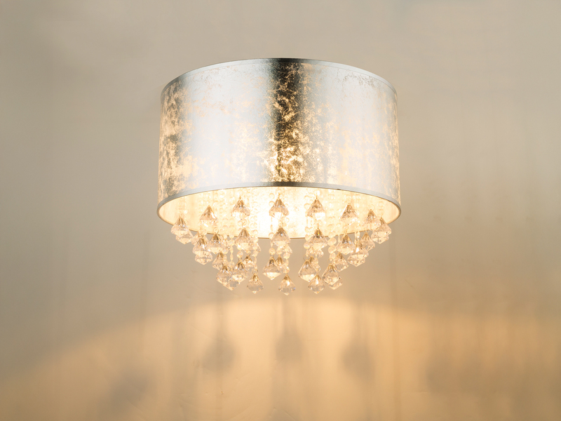 LED Deckenleuchte mit Stoff Lampenschirm Silber & Kristall Behang, Ø 40cm