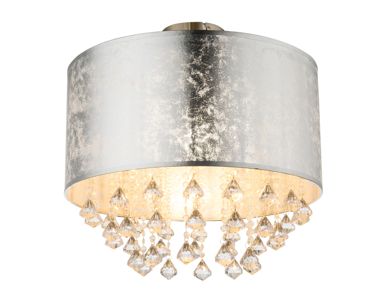 LED Deckenleuchte mit Stoff Lampenschirm Silber & Kristall Behang, Ø 40cm