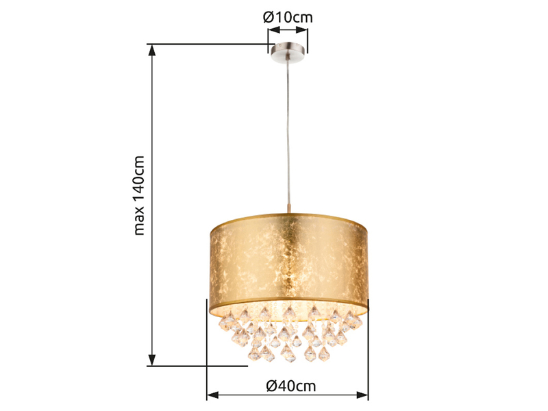 LED Pendelleuchte mit Stoff Lampenschirm Gold & Kristall Behang, Ø 40cm
