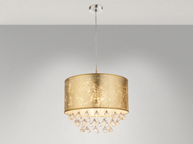 LED Pendelleuchte mit Stoff Lampenschirm Gold & Kristall Behang, Ø 40cm