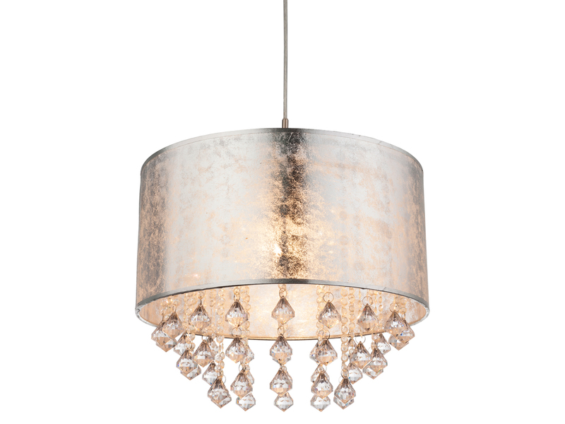 LED Pendelleuchte mit Stoff Lampenschirm Silber & Kristall Behang, Ø 40cm