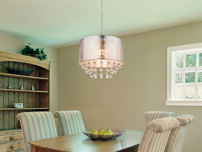 LED Pendelleuchte mit Stoff Lampenschirm Silber & Kristall Behang, Ø 40cm