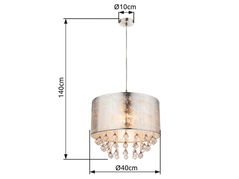 LED Pendelleuchte mit Stoff Lampenschirm Silber & Kristall Behang, Ø 40cm