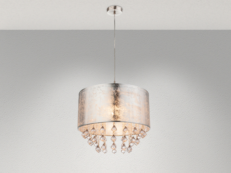LED Pendelleuchte mit Stoff Lampenschirm Silber & Kristall Behang, Ø 40cm