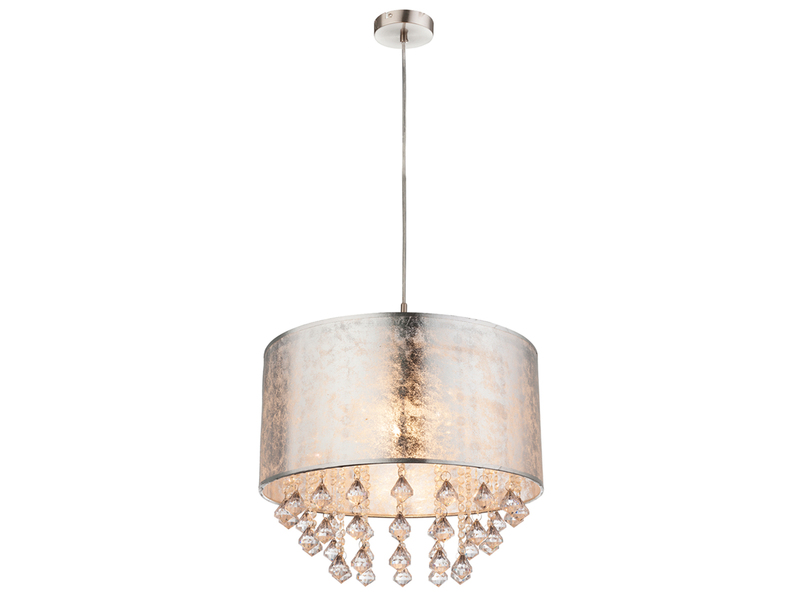 LED Pendelleuchte mit Stoff Lampenschirm Silber & Kristall Behang, Ø 40cm