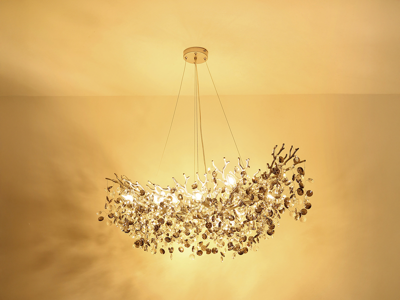 XL LED Kronleuchter Silber 10-flammig mit Glas Kristall 2-farbig, Breite 100cm