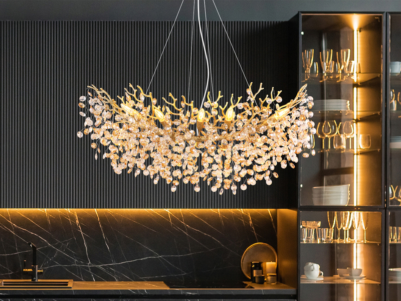 XL LED Kronleuchter Gold 10-flammig mit Glas Kristall 2-farbig, Breite 100cm