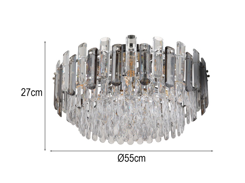 Große LED Deckenleuchte mit Acryl Kristallen und Rauchglas Stäben, Ø 55cm