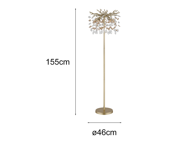 Ausgefallene LED Stehlampe Gold mit Glas Kristall 2-farbig, Höhe 155cm