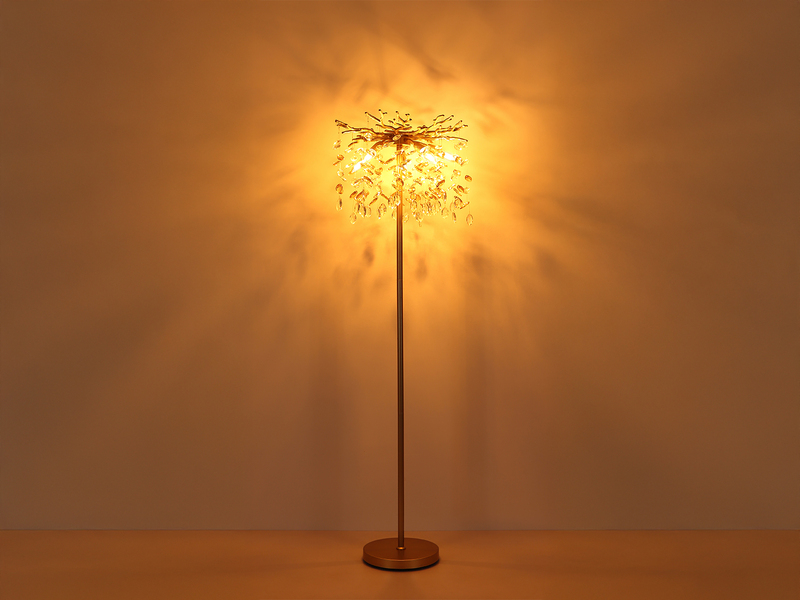 Ausgefallene LED Stehlampe Gold mit Glas Kristall 2-farbig, Höhe 155cm