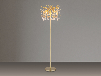 Ausgefallene LED Stehlampe Gold mit Glas Kristall 2-farbig, Höhe 155cm