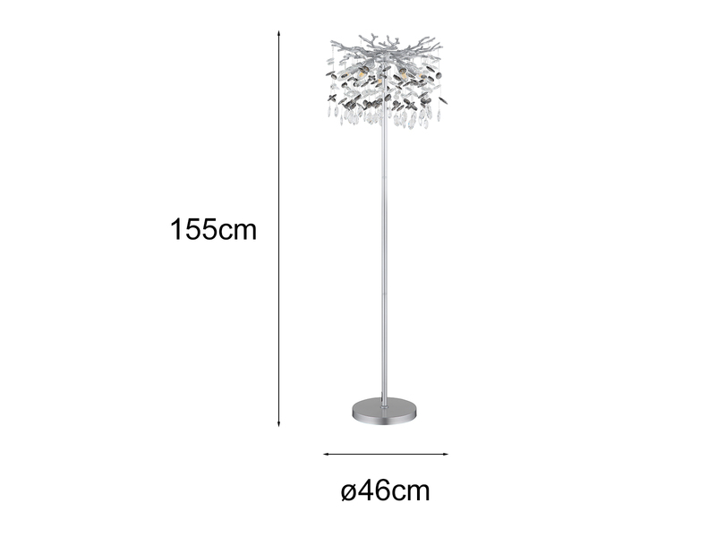 Ausgefallene LED Stehlampe Silber mit Glas Kristall 2-farbig, Höhe 155cm